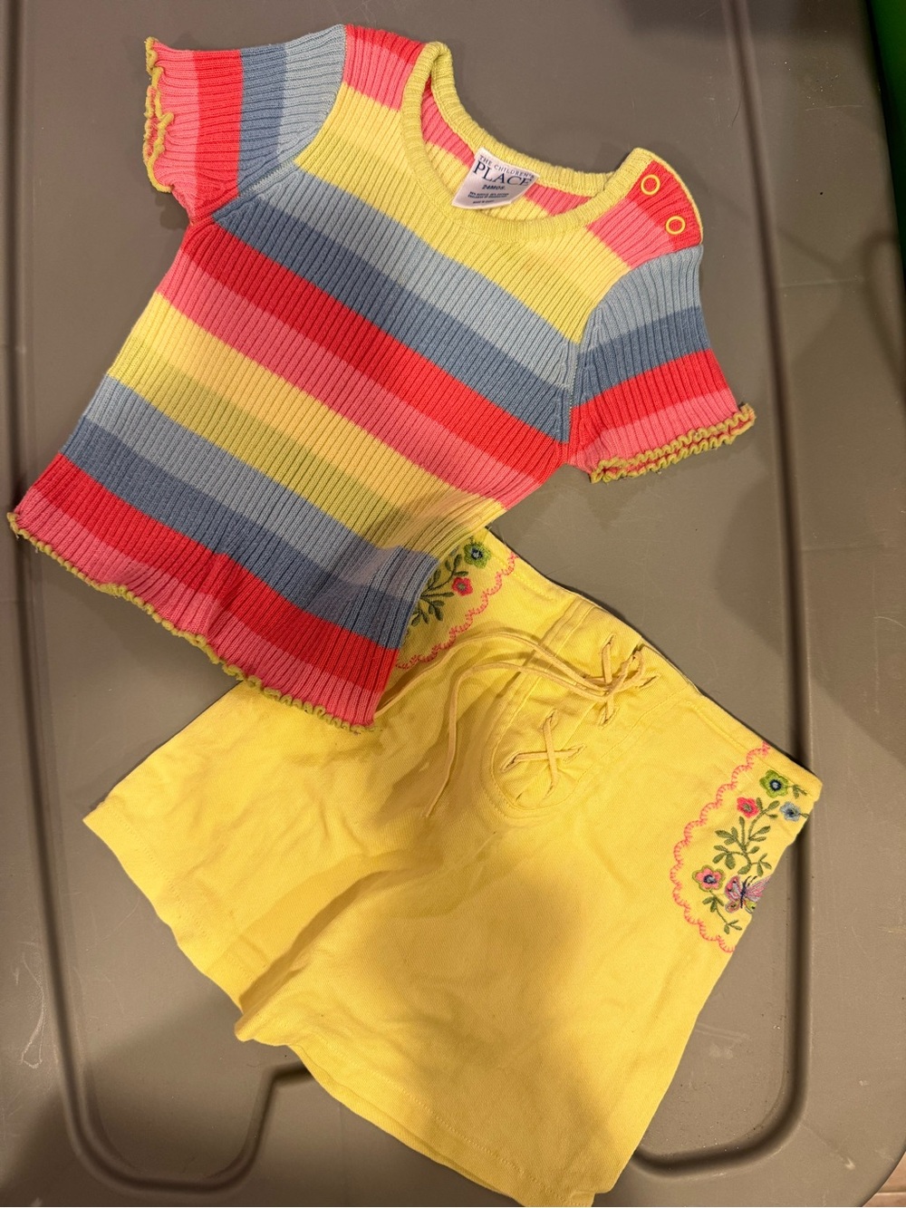 Vintage The Children’s Place Rainbow Stripe Ribbed Top & Yellow Skort Set